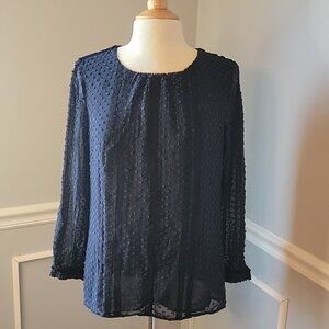 J.CREW Blue Black Swiss Dot Lace Silk Blend Sheer Lined Long Sleeve Blouse Top 6